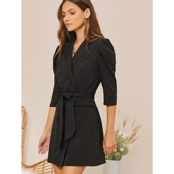 Puff Sleeve Belted Black Mini Dress - Picture 4 of 7